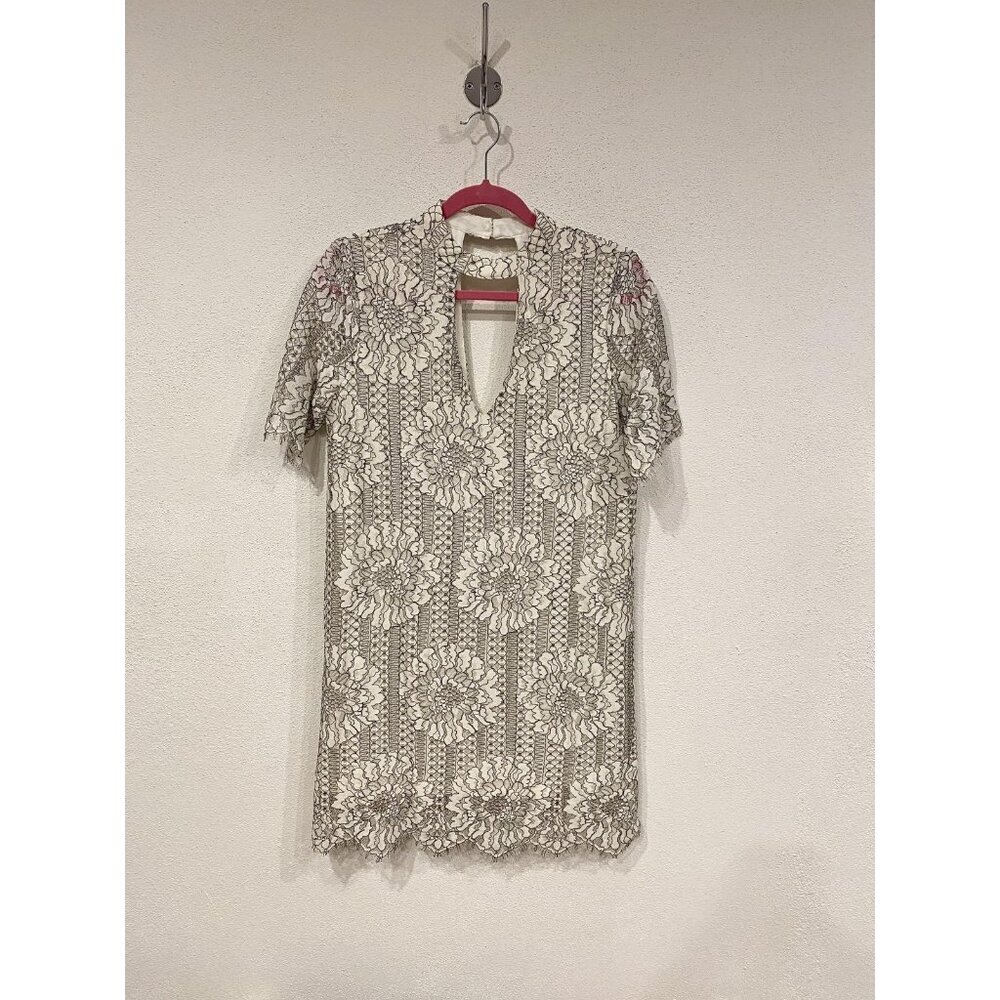 Socialite Dress Womens Medium Ivory Black Lace Short Sleeve High Neck Nordstrom